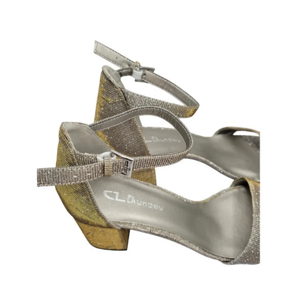 HP CL Laundry Gold Silver Square Heel‎ Ankle Strap Open Toe Retro Glam Sandals